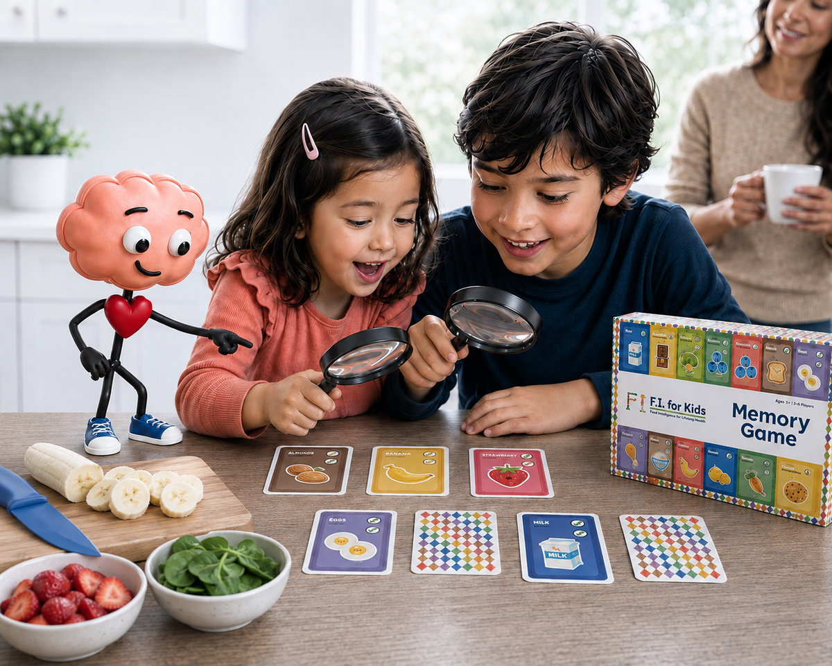 Child cutting bananas with F.I. Guy in a bright kitchen